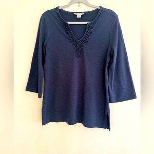 Tommy Bahama 3/4 sleeve navy colored cotton blouse.